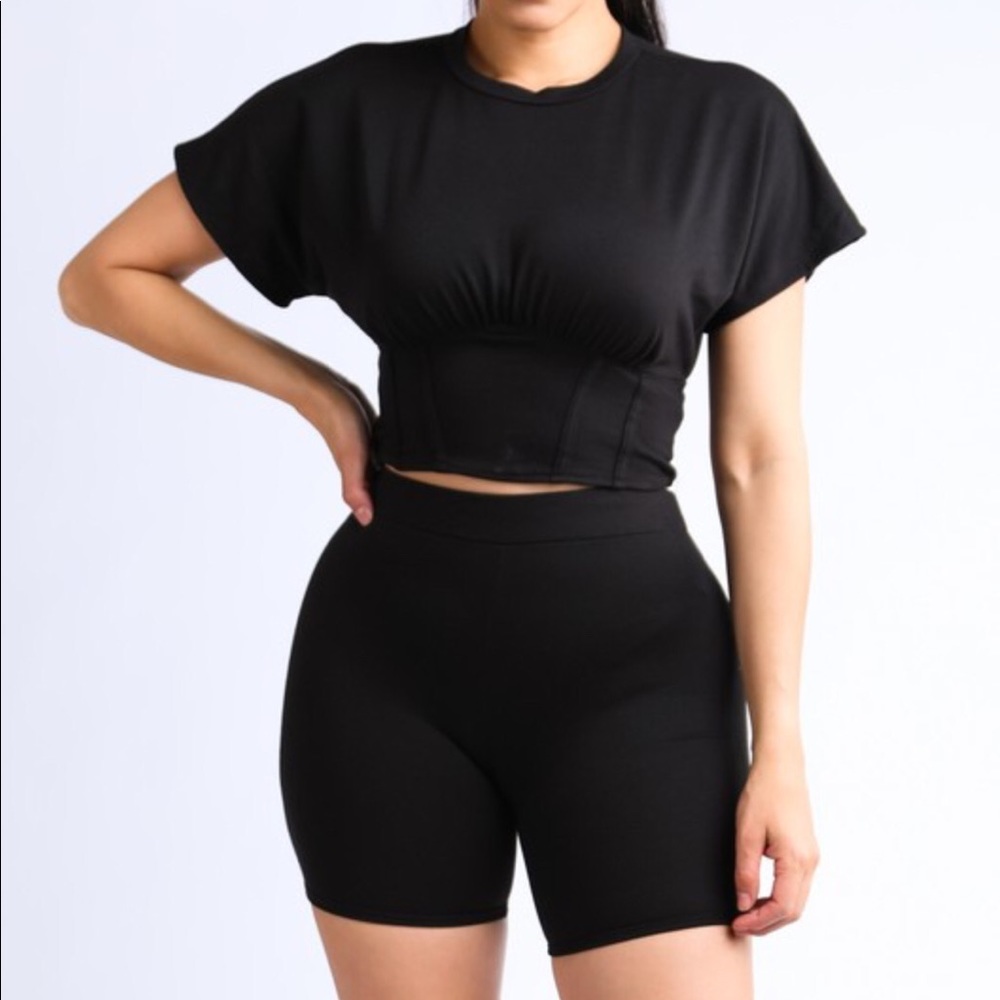 BAILEY BLACK CORSETED TOP AND BIKER SHORTS SET